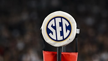 Nov 16, 2024; College Station, Texas, USA; A detail view of the SEC logo on a chain marker during the game between the Texas A&M Aggies and the New Mexico State Aggies at Kyle Field. Mandatory Credit: Maria Lysaker-Imagn Images 