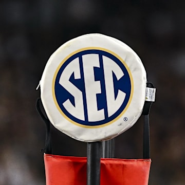 Nov 16, 2024; College Station, Texas, USA; A detail view of the SEC logo on a chain marker during the game between the Texas A&M Aggies and the New Mexico State Aggies at Kyle Field. 