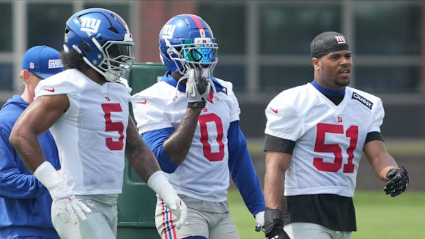 NY Giants OLBs Kayvon Thibodeaux, Brian Burns and Abdul Carter  