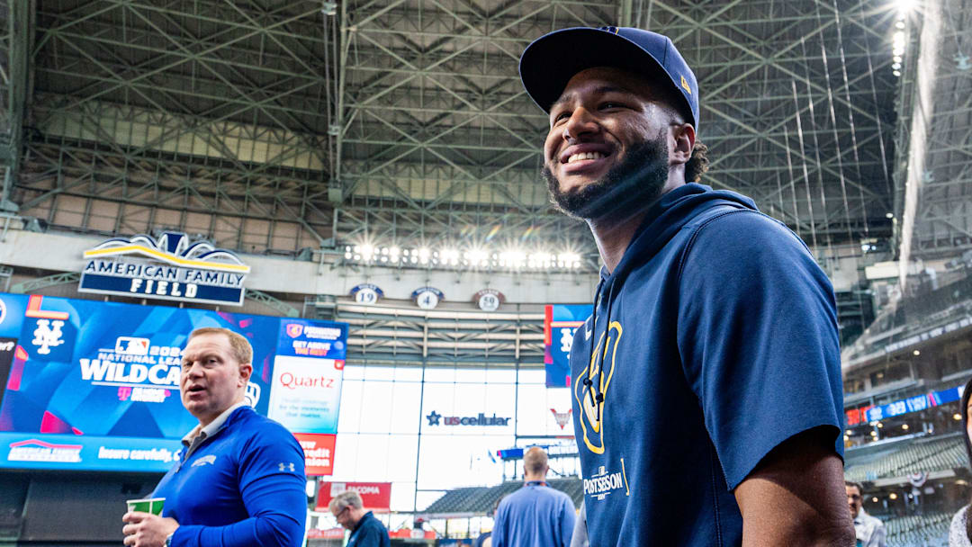 Milwaukee Brewers Jackson Chourio (11) is seen during batting practice before Game 3 of National League wild-card series against the New York Mets on Thursday October 3, 2024 at American Family Field in Milwaukee, Wis.