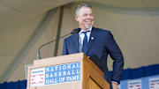 Jul 29, 2018; Cooperstown, NY, USA; Hall of Fame inductee Chipper Jones reacts making his acceptance speech at Clark Sports Center. Mandatory Credit: Gregory J. Fisher-Imagn Images