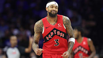 Nov 19, 2025; Philadelphia, Pennsylvania, USA; Toronto Raptors forward Brandon Ingram (3) smiles after scoring against the Philadelphia 76ers during the second quarter at Xfinity Mobile Arena. Mandatory Credit: Bill Streicher-Imagn Images