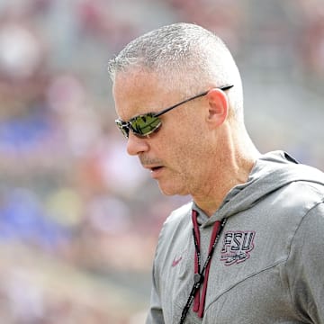 Sep 14, 2024; Tallahassee, Florida, USA; Florida State Seminoles head coach Mike Norvell before a game against the Memphis Tigers at Doak S. Campbell Stadium. Mandatory Credit: Melina Myers-Imagn Images