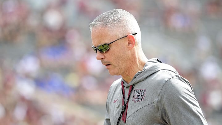 Sep 14, 2024; Tallahassee, Florida, USA; Florida State Seminoles head coach Mike Norvell before a game against the Memphis Tigers at Doak S. Campbell Stadium. Mandatory Credit: Melina Myers-Imagn Images