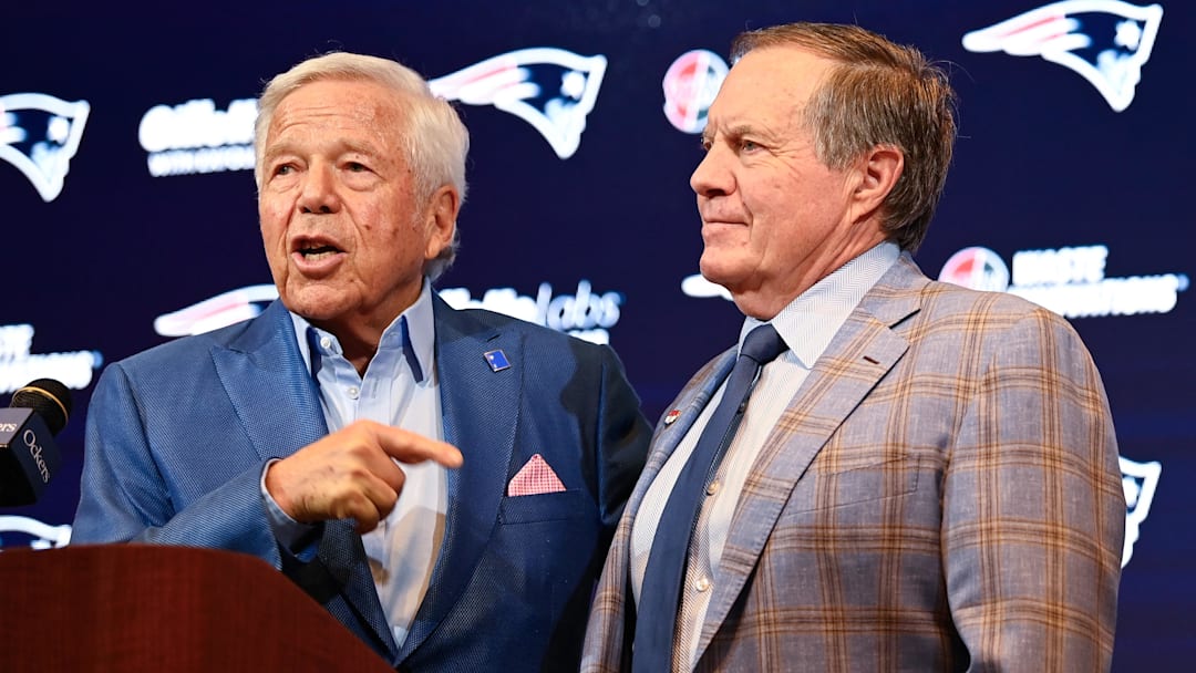Jan 11, 2024; Foxborough, MA, USA; New England Patriots owner Robert Kraft (left) and Patriots former head coach Bill Belichick (right) and hold a press conference at Gillette Stadium to announce Belichick's exit from the team. Mandatory Credit: Eric Canha-Imagn Images Jan 11, 2024; Foxborough, MA, USA; New England Patriots owner Robert Kraft (left) and Patriots former head coach Bill Belichick (right) and hold a press conference at Gillette Stadium to announce Belichick's exit from the team. Mandatory Credit: Eric Canha-Imagn Images