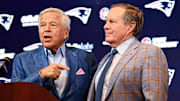 Jan 11, 2024; Foxborough, MA, USA; New England Patriots owner Robert Kraft (left) and Patriots former head coach Bill Belichick (right) and hold a press conference at Gillette Stadium to announce Belichick's exit from the team. Mandatory Credit: Eric Canha-Imagn Images