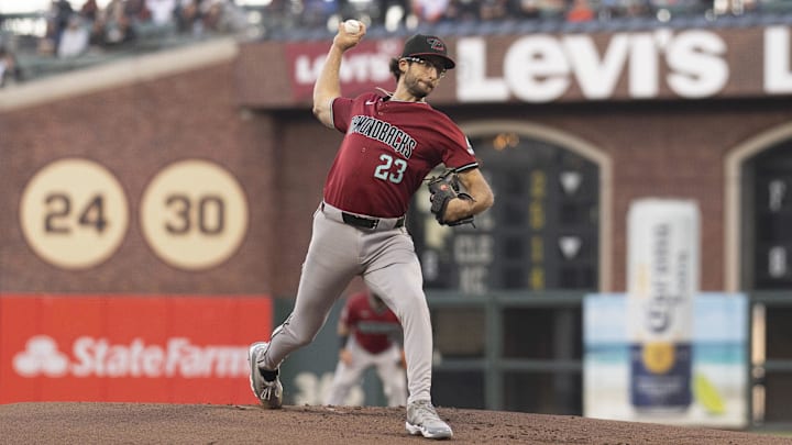 Sep 4, 2024; San Francisco, California, USA;  Arizona Diamondbacks pitcher Zac Gallen (23) pitches during the first inning against the San Francisco Giants at Oracle Park. Mandatory Credit: Stan Szeto-Imagn Images