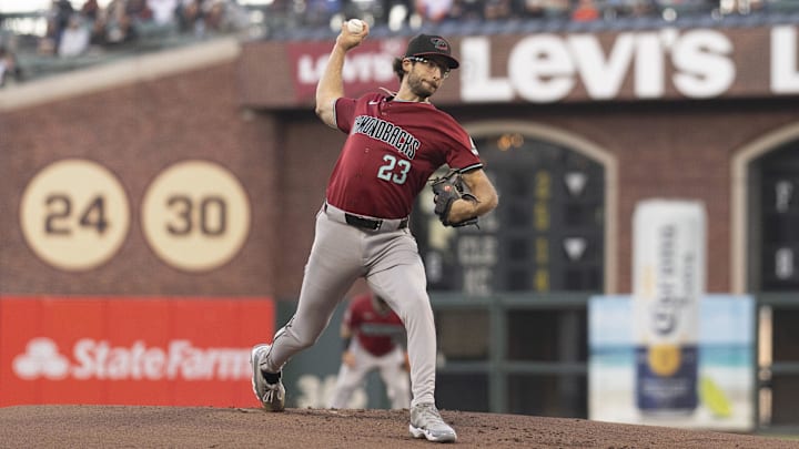 Sep 4, 2024; San Francisco, California, USA;  Arizona Diamondbacks pitcher Zac Gallen (23) pitches during the first inning against the San Francisco Giants at Oracle Park. Mandatory Credit: Stan Szeto-Imagn Images