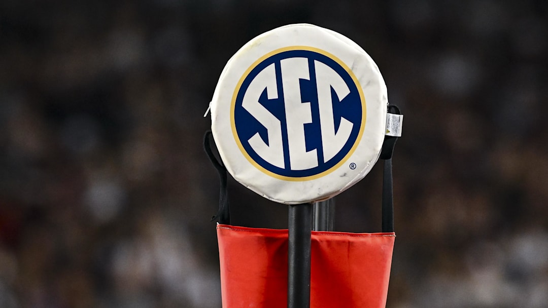 Nov 16, 2024; College Station, Texas, USA; A detail view of the SEC logo on a chain marker during the game between the Texas A&M Aggies and the New Mexico State Aggies at Kyle Field. Mandatory Credit: Maria Lysaker-Imagn Images 