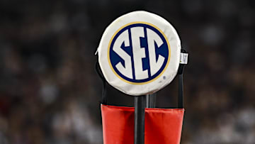 Nov 16, 2024; College Station, Texas, USA; A detail view of the SEC logo on a chain marker during the game between the Texas A&M Aggies and the New Mexico State Aggies at Kyle Field. Mandatory Credit: Maria Lysaker-Imagn Images 