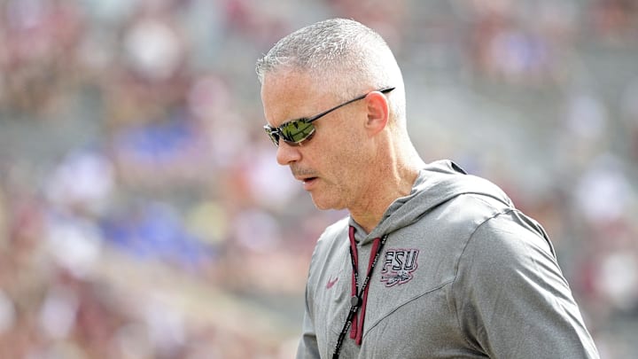 Sep 14, 2024; Tallahassee, Florida, USA; Florida State Seminoles head coach Mike Norvell before a game against the Memphis Tigers at Doak S. Campbell Stadium. Mandatory Credit: Melina Myers-Imagn Images