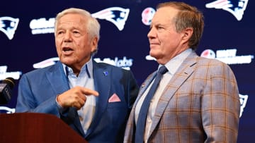 Jan 11, 2024; Foxborough, MA, USA; New England Patriots owner Robert Kraft (left) and Patriots former head coach Bill Belichick (right) and hold a press conference at Gillette Stadium to announce Belichick's exit from the team. Mandatory Credit: Eric Canha-USA TODAY Sports