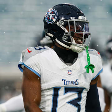 Dec 29, 2024; Jacksonville, Florida, USA; Tennessee Titans cornerback Chidobe Awuzie (13) before the game against the Jacksonville Jaguars at EverBank Stadium. Mandatory Credit: Morgan Tencza-Imagn Images