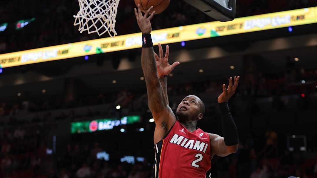 Jan 21, 2025; Miami, Florida, USA; Miami Heat guard Terry Rozier (2) drives to the basket Portland Trail Blazers during the first quarter at Kaseya Center. Mandatory Credit: Sam Navarro-Imagn Images