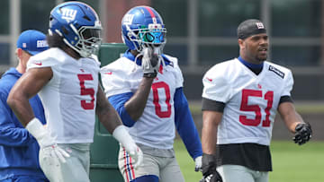 East Rutherford, NJ -- June 5, 2025 -- Linebackers, , Kayvon Thibodeaux, Brian Burns and Abdul Carter as the New York Giants players participate in their 2025 OTAÕs at the Quest Diagnostic Giants Training Center in East Rutherford.