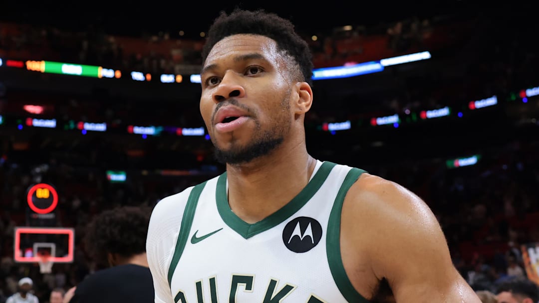 Mar 12, 2026; Miami, Florida, USA; Milwaukee Bucks forward Giannis Antetokounmpo (34) looks on after the game against the Miami Heat at Kaseya Center. Mandatory Credit: Sam Navarro-Imagn Images