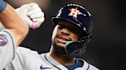 Houston Astros Brice Matthews celebrates his second home run of the game against Arizona Diamondbacks right-hander Zac Gallen at Chase Field on July 21, 2025.