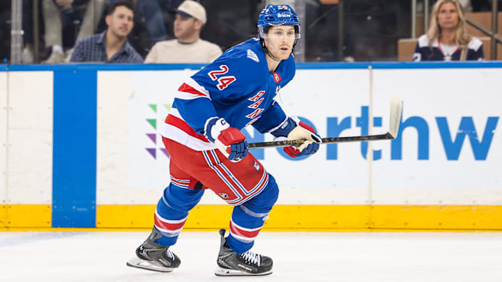Apr 5, 2026; New York, New York, USA; New York Rangers left wing Tye Kartye (24) skates against the Washington Capitals during the first period at Madison Square Garden.