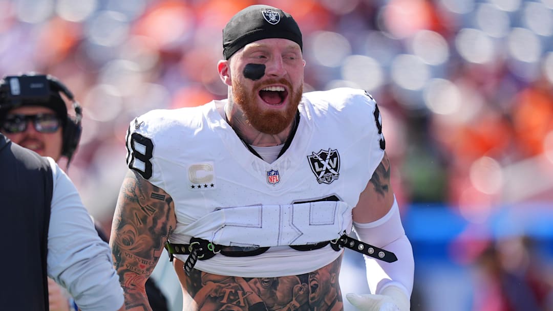Oct 6, 2024; Denver, Colorado, USA; Las Vegas Raiders defensive end Maxx Crosby (98) before the game against the Denver Broncos at Empower Field at Mile High. 