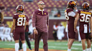 Sep 1, 2022; Minneapolis, Minnesota, USA; Minnesota Golden Gophers head coach P.J. Fleck looks on prior to the game against the New Mexico State Aggies at Huntington Bank Stadium. Mandatory Credit: Matt Krohn-Imagn Images