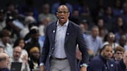Mar 13, 2025; Charlotte, NC, USA; North Carolina Tar Heels head coach Hubert Davis during the first half against the Wake Forest Demon Deacons at Spectrum Center. Mandatory Credit: Jim Dedmon-Imagn Images