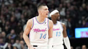 Feb 21, 2025; Toronto, Ontario, CAN; Miami Heat guard Tyler Herro (14) celebrates after scoring against the Toronto Raptors during the second half at Scotiabank Arena. Mandatory Credit: Kevin Sousa-Imagn Images