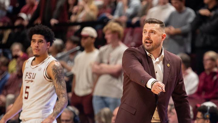 Florida State Seminoles head coach Luke Loucks directshts players from the bench. The Virginia Cavaliers defeated the Florida State Seminoles 61-58 at the Tucker Civic Center on Tuesday, Feb. 10, 2026.