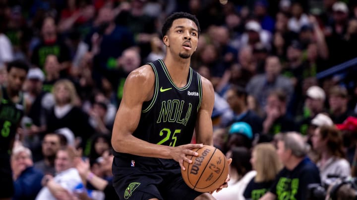 Apr 29, 2024; New Orleans, Louisiana, USA; New Orleans Pelicans guard Trey Murphy III (25) shoots a jump shot against Oklahoma City Thunder during game four of the first round for the 2024 NBA playoffs at Smoothie King Center. Mandatory Credit: Stephen Lew-USA TODAY Sports