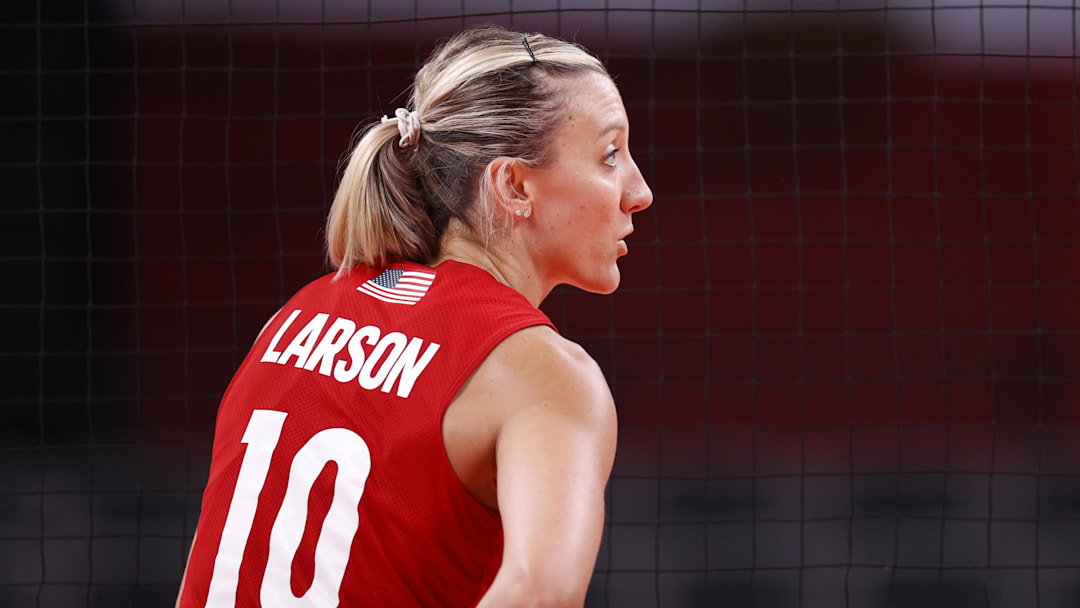Team United States outside hitter Jordan Larson during pool B play against Turkey during the Tokyo 2020 Olympic Summer Games at Ariake Arena.
