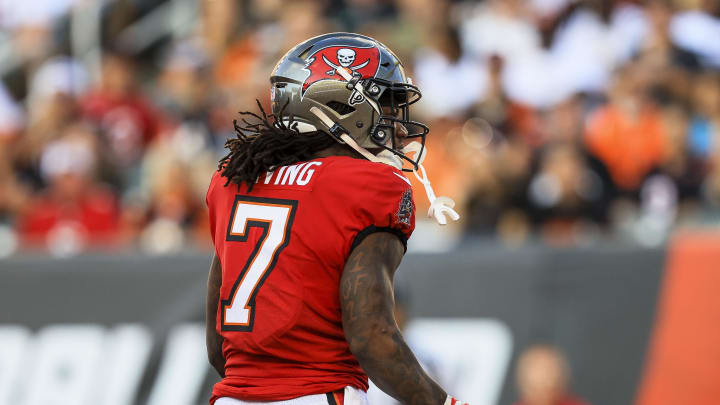 Aug 10, 2024; Cincinnati, Ohio, USA; Tampa Bay Buccaneers running back Bucky Irving (7) reacts after scoring a touchdown against the Cincinnati Bengals in the first half at Paycor Stadium. Mandatory Credit: Katie Stratman-USA TODAY Sports