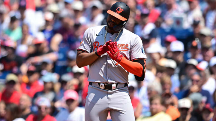 Aug 4, 2024; Cleveland, Ohio, USA; Baltimore Orioles designated hitter Eloy Jimenez (72) celebrates after hitting a RBI single during the third inning against the Cleveland Guardians at Progressive Field