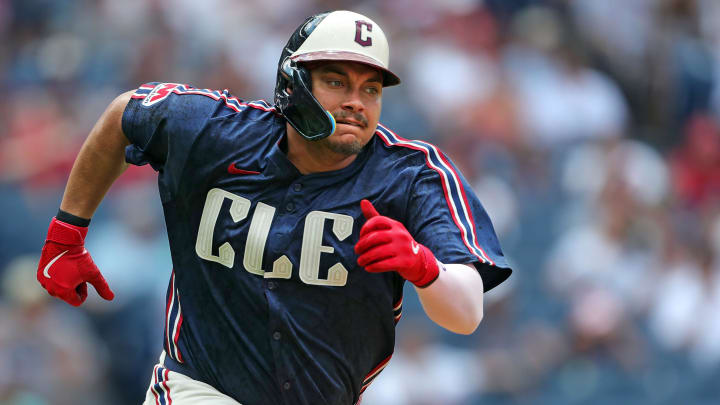 Cleveland Guardians first baseman Josh Naylor (22) runs out a hit to right field during the fifth inning of an MLB game at Progressive Field, Thursday, June 20, 2024, in Cleveland, Ohio.