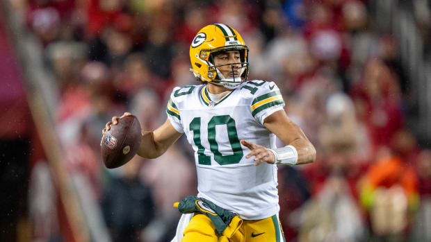 Green Bay Packers quarterback Jordan Love (10) during the second quarter in a 2024 NFC divisional round game 