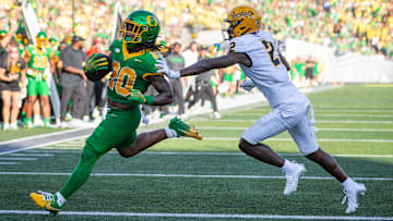 Oregon Ducks running back Jordan James carries the ball for a touchdown as the Oregon Ducks host the Idaho Vandals Saturday, Aug. 31, 2024 at Autzen Stadium in Eugene, Ore.