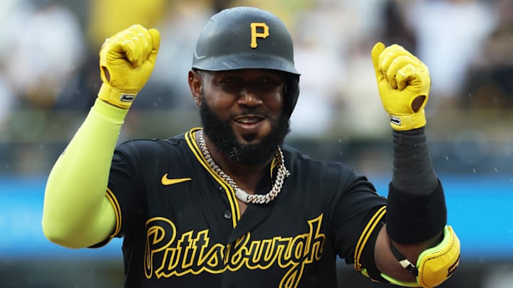 Apr 18, 2026; Pittsburgh, Pennsylvania, USA;  Pittsburgh Pirates designated hitter Marcell Ozuna (24) reacts as he rounds the bases on a solo home run against the Tampa Bay Rays during the fourth inning at PNC Park. Mandatory Credit: Charles LeClaire-Imagn Images