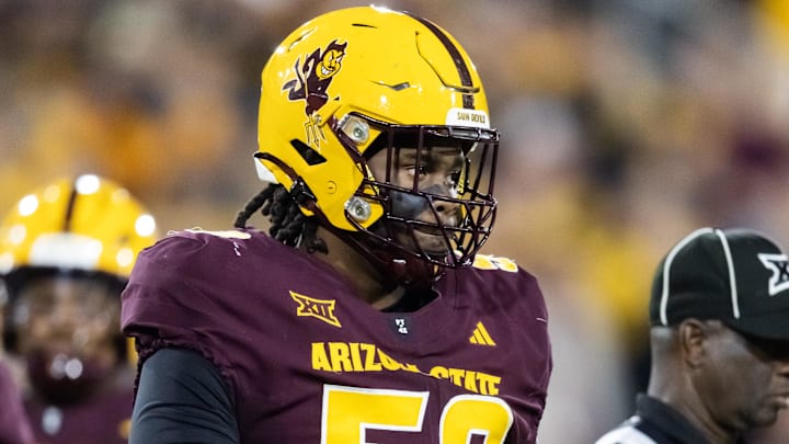 Nov 28, 2025; Tempe, Arizona, USA; Arizona State Sun Devils offensive lineman Max Iheanachor (58) against the Arizona Wildcats during the 99th Territorial Cup at Mountain America Stadium. Mandatory Credit: Mark J. Rebilas-Imagn Images