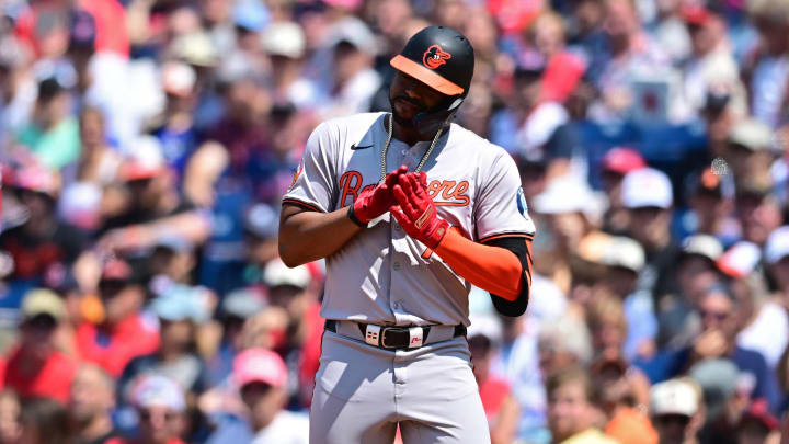 Aug 4, 2024; Cleveland, Ohio, USA; Baltimore Orioles designated hitter Eloy Jimenez (72) celebrates after hitting a RBI single during the third inning against the Cleveland Guardians at Progressive Field.