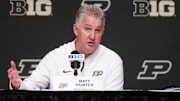 Purdue Boilermakers head coach Matt Painter fields questions from the media 