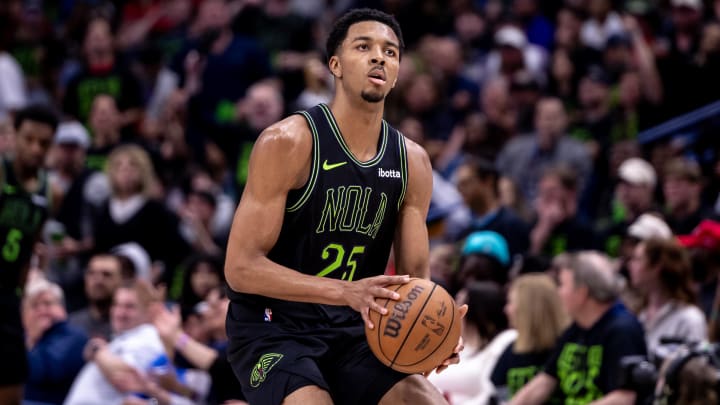 Apr 29, 2024; New Orleans, Louisiana, USA; New Orleans Pelicans guard Trey Murphy III (25) shoots a jump shot against Oklahoma City Thunder during game four of the first round for the 2024 NBA playoffs at Smoothie King Center.