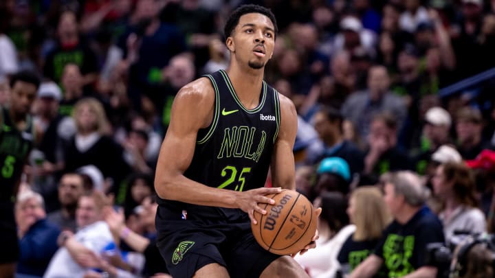 Apr 29, 2024; New Orleans, Louisiana, USA; New Orleans Pelicans guard Trey Murphy III (25) shoots a jump shot against Oklahoma City Thunder during game four of the first round for the 2024 NBA playoffs at Smoothie King Center. 