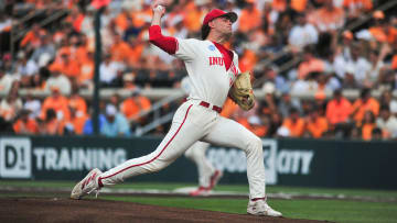Indiana's Connor Foley (14) pitches during an NCAA Baseball Tournament Knoxville Regional game at Lindsey Nelson Stadium on Saturday, June 1, 2024 in Knoxville, Tenn.