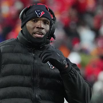 Jan 18, 2025; Kansas City, Missouri, USA; Houston Texans head coach DeMeco Ryans reacts during the third quarter of a 2025 AFC divisional round game against the Kansas City Chiefs at GEHA Field at Arrowhead Stadium. Mandatory Credit: Denny Medley-Imagn Images