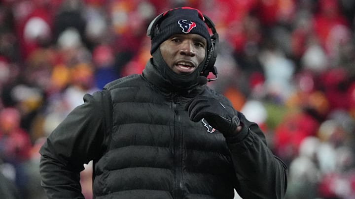Jan 18, 2025; Kansas City, Missouri, USA; Houston Texans head coach DeMeco Ryans reacts during the third quarter of a 2025 AFC divisional round game against the Kansas City Chiefs at GEHA Field at Arrowhead Stadium. Mandatory Credit: Denny Medley-Imagn Images