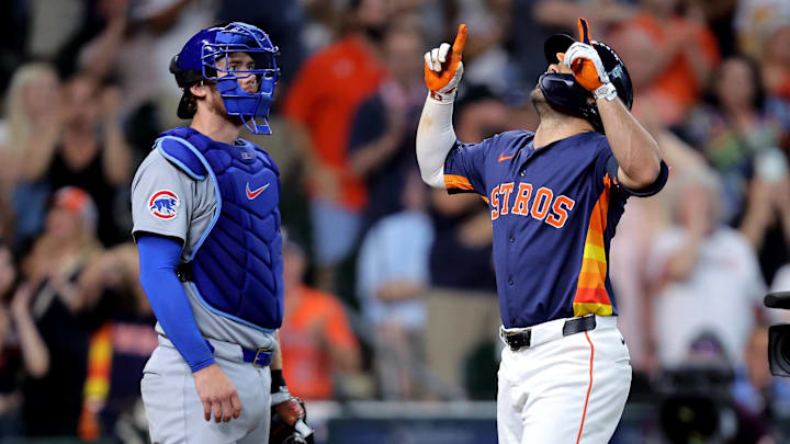 Houston Astros second baseman Jose Altuve (27) crosses home plate after hitting a two-run home run against the Chicago Cubs at Daikin Park. Houston Astros second baseman Jose Altuve (27) crosses home plate after hitting a two-run home run against the Chicago Cubs at Daikin Park.