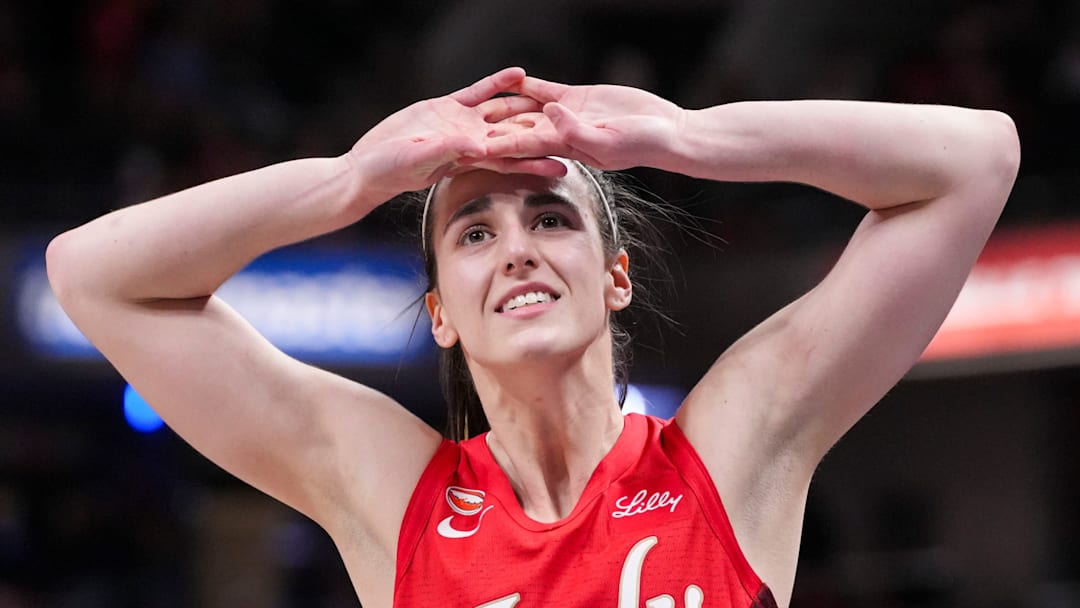Indiana Fever guard Caitlin Clark (22) reacts Saturday, May 9, 2026, after losing the Fever’s season opener game at Gainbridge FIeldhouse in Indianapolis. The Dallas Wings defeated the Indiana Fever, 107-104.
