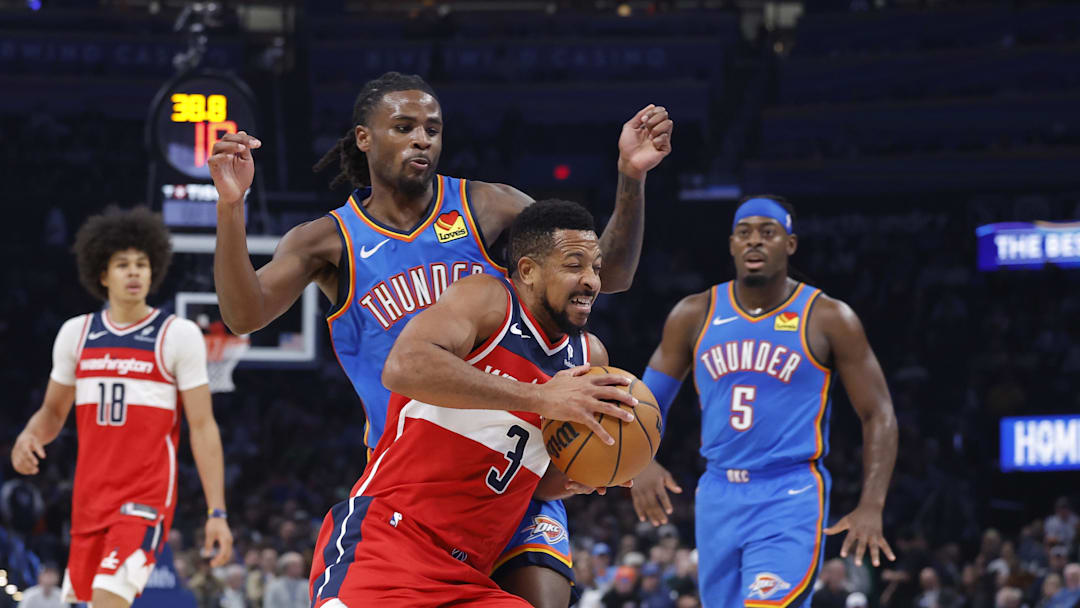 Oct 30, 2025; Oklahoma City, Oklahoma, USA; Washington Wizards guard CJ McCollum (3) drives past Oklahoma City Thunder guard Cason Wallace (22) during the second quarter at Paycom Center. Mandatory Credit: Alonzo Adams-Imagn Images Oct 30, 2025; Oklahoma City, Oklahoma, USA; Washington Wizards guard CJ McCollum (3) drives past Oklahoma City Thunder guard Cason Wallace (22) during the second quarter at Paycom Center. Mandatory Credit: Alonzo Adams-Imagn Images
