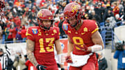 Dec 29, 2023; Memphis, TN, USA; Iowa State Cyclones wide receiver Jaylin Noel (13) and wide receiver Jayden Higgins (9) react after a touchdown during the first half against the Memphis Tigers at Simmons Bank Liberty Stadium. Mandatory Credit: Petre Thomas-Imagn Images