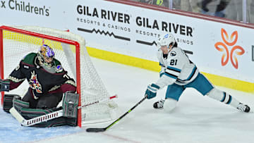 Jan 10, 2023; Tempe, Arizona, USA;  San Jose Sharks center Michael Eyssimont (21) attmpts a wrap