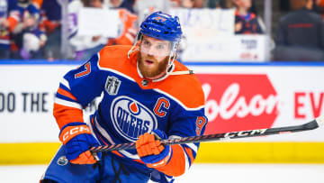 Jun 21, 2024; Edmonton, Alberta, CAN; Edmonton Oilers center Connor McDavid (97) skates during the warmup period against the Florida Panthers in game six of the 2024 Stanley Cup Final at Rogers Place. Mandatory Credit: Sergei Belski-USA TODAY Sports