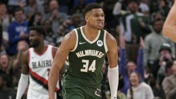 Nov 26, 2023; Milwaukee, Wisconsin, USA;  Milwaukee Bucks forward Giannis Antetokounmpo (34) reacts after scoring a basket during the fourth quarter against the Portland Trail Blazers at Fiserv Forum. Mandatory Credit: Jeff Hanisch-USA TODAY Sports